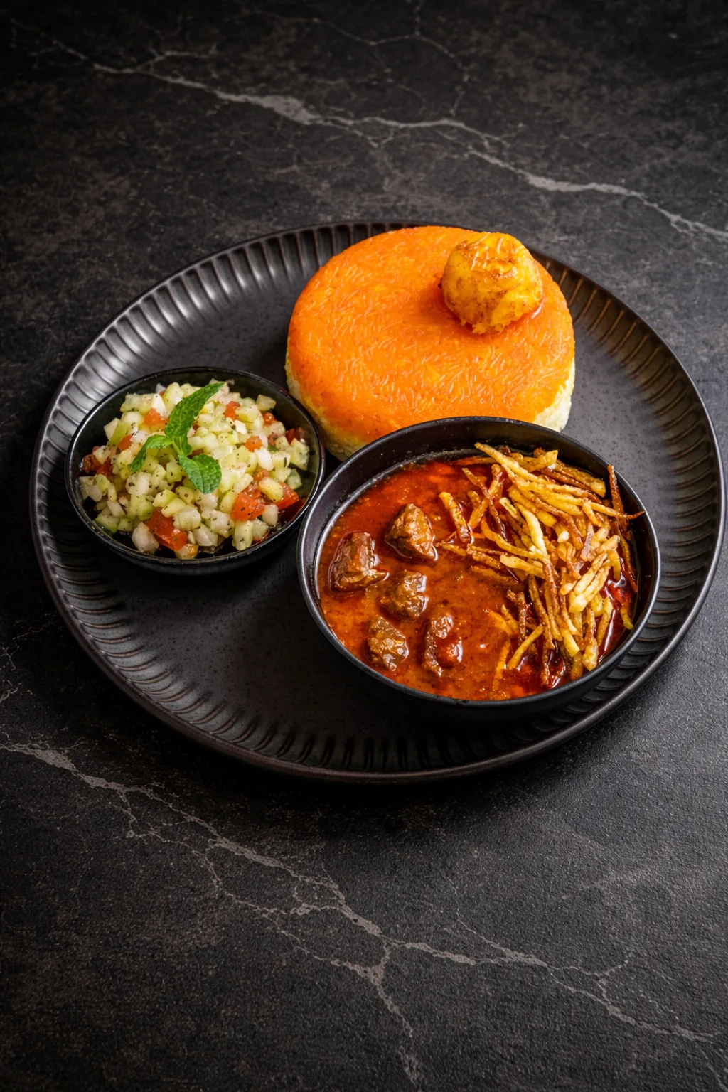 Gheimeh split pea stew with crispy fries