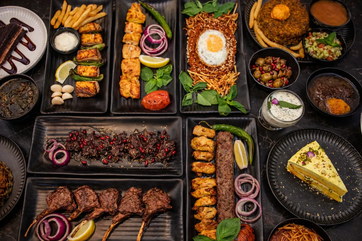 Full spread of Persian dishes beautifully arranged
