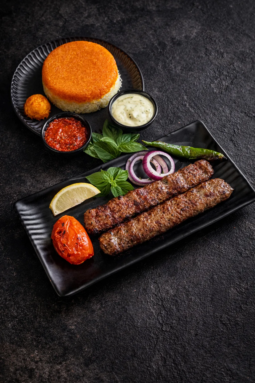 Kebab koobideh with saffron rice and condiments