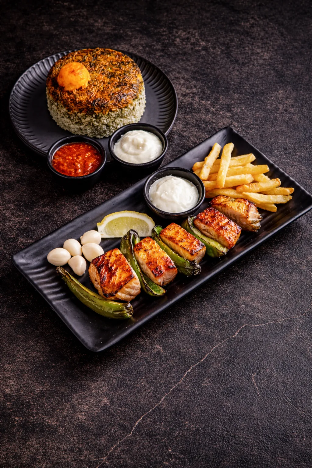 Grilled salmon with herb rice and fries