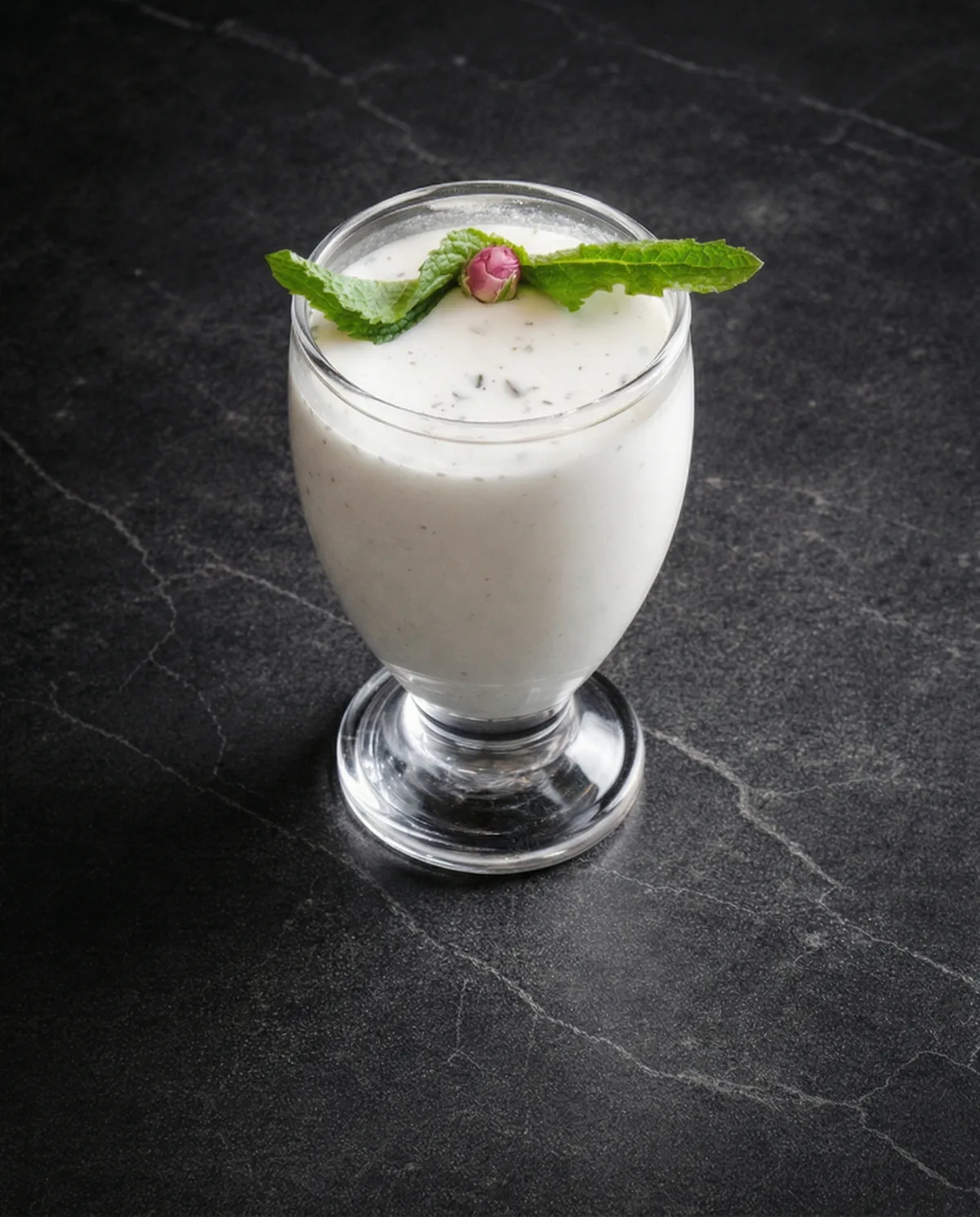 Doogh yogurt drink with mint garnish