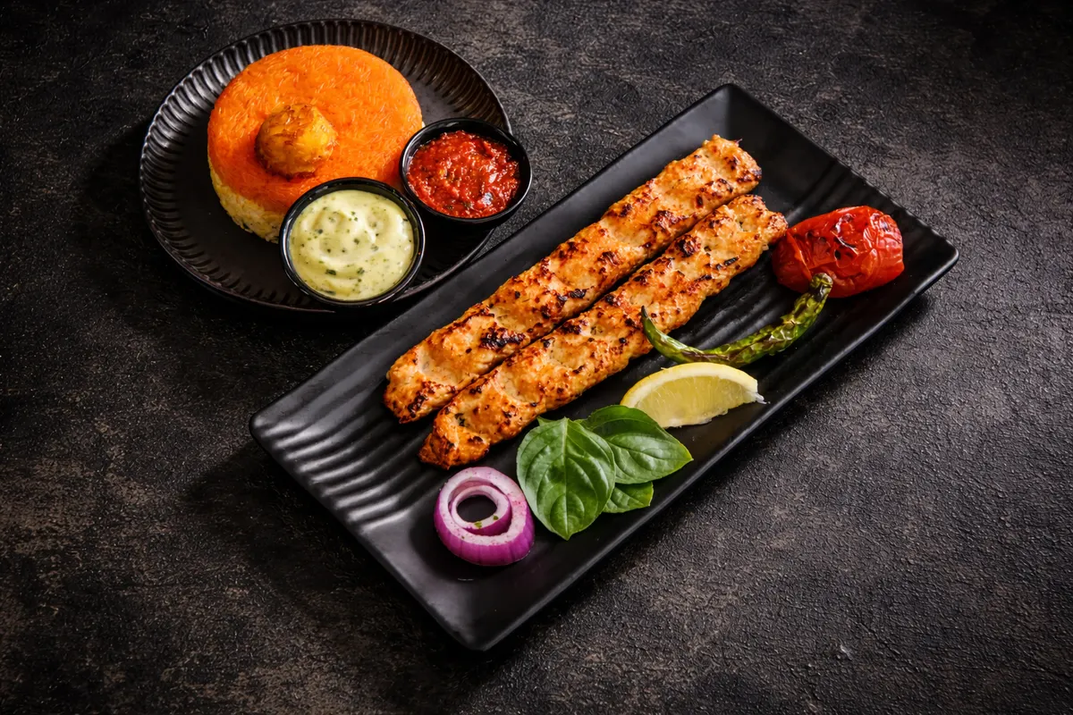 Persian kebab on dark marble setting