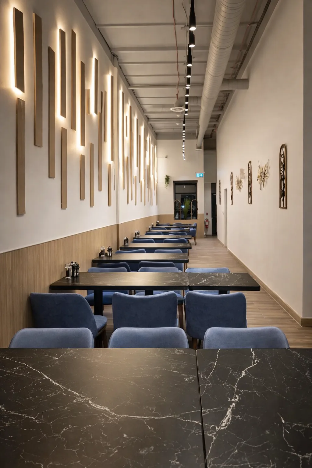 Blue velvet chairs and ambient wall lighting