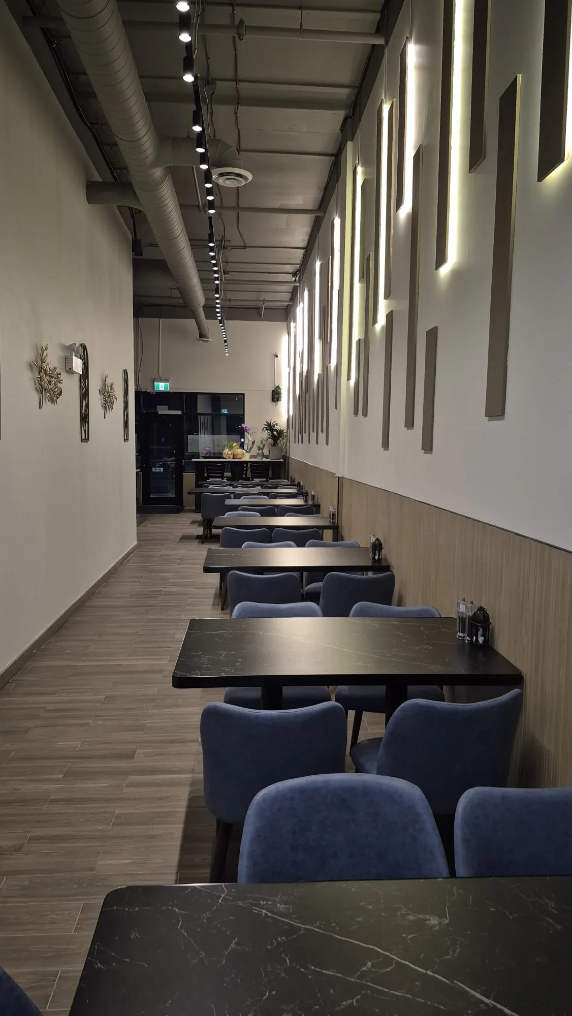Dining area with wood paneling