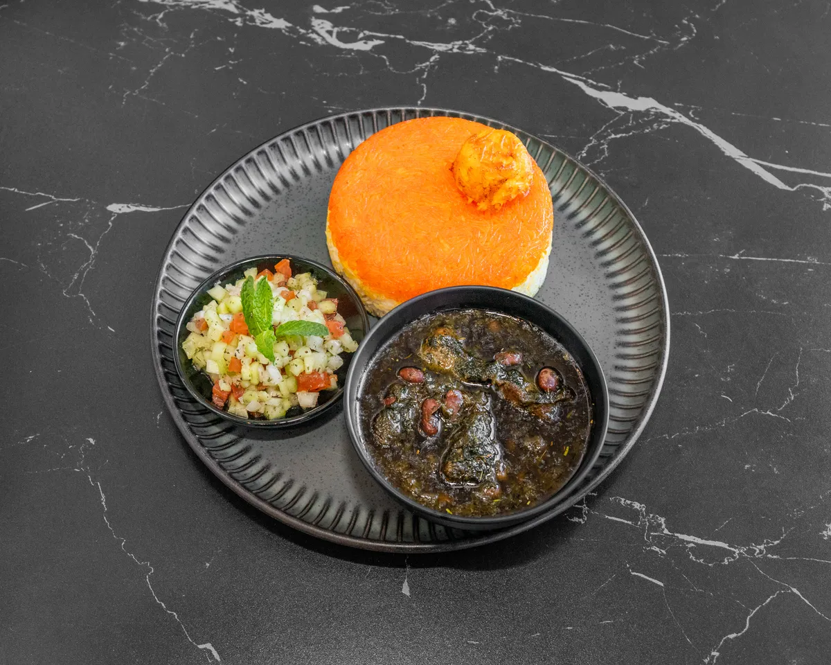 Ghorme Sabzi herb stew with saffron rice