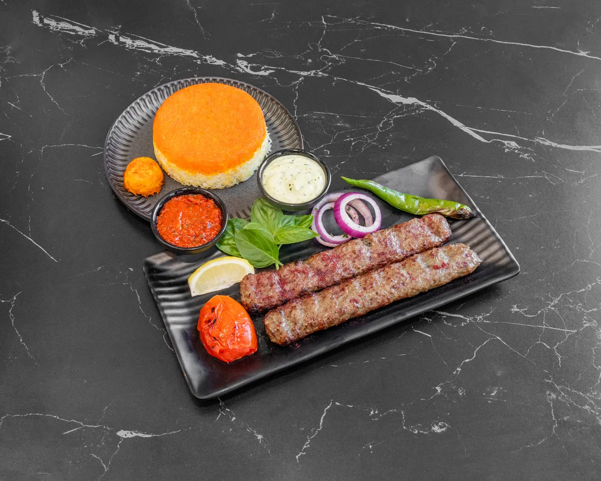 Kebab Koobideh with saffron rice and grilled vegetables